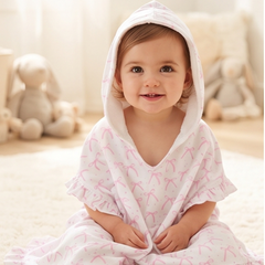 Personalized Pink Bow Hooded Towel Poncho with Ruffle Trim