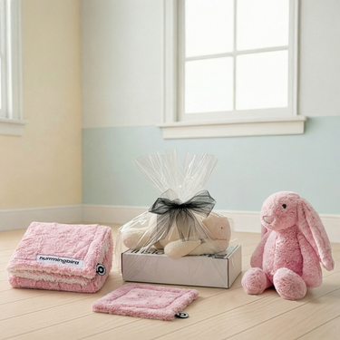 Hummingbird Comfort Bundle – Personalized Minky Blanket, Bunny Plush & Buddy Blanket