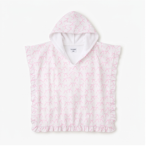 Personalized Pink Bow Hooded Towel Poncho with Ruffle Trim